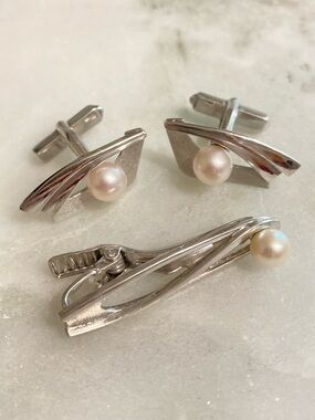 Mikimoto Sterling Silver Pearl Cuff Links + Tie Clip Set